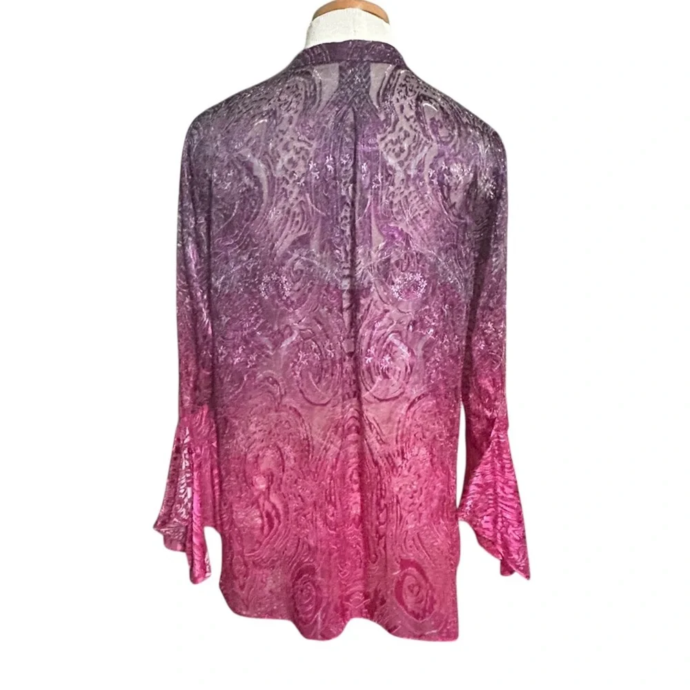 Elie Tahari Silk Blend Ombre Blouse Pink Purple Paisley Sheer Tunic Top